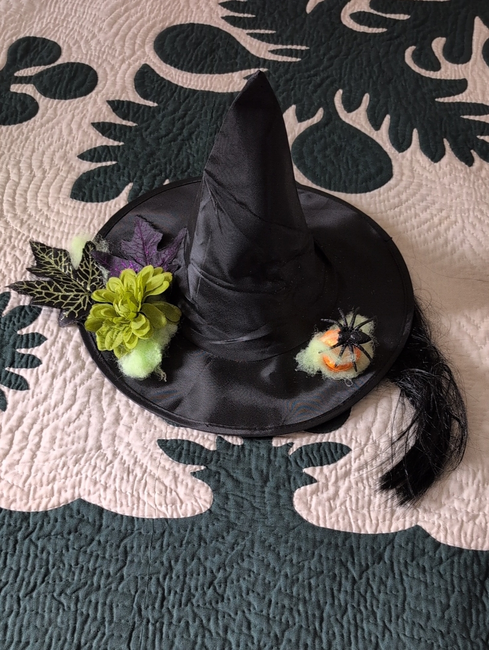 Black Witch Hat with Green Flower Accent